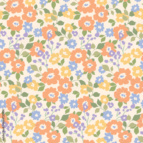 Seamless floral pattern, liberty ditsy print with a delicate blooming meadow in a retro motif. Cute botanical design of small hand drawn flowers, tiny leaves, simple mini plants. Vector illustration.