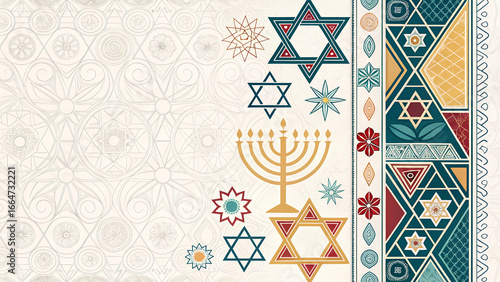 Abstract geometric borders inspired by Jewish art motifs for Hanukkah with copy space