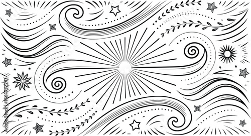 Whimsical hand drawn swirls stars and sunburst pattern