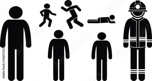 Diverse human figures and firefighter silhouette icon set