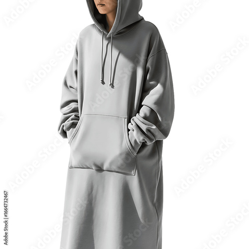 Person in modern gray oversized long hoodie dress with hands in pouch pocket on green background, comfortable casual fashion.