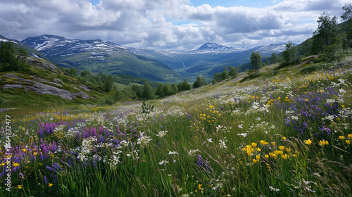 Wildflower meadow on hillside in Norway’s summer