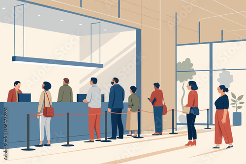 Customers queue inside a modern bank.