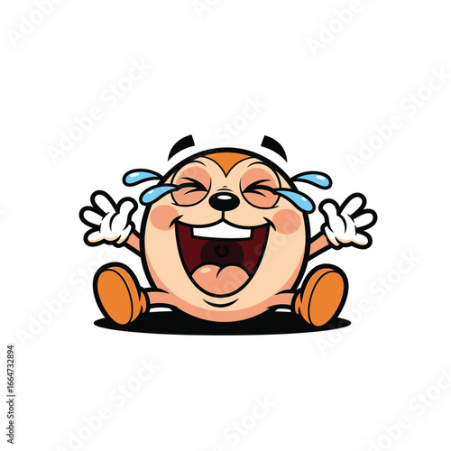A joyful, round cartoon creature laughs hysterically, tears streaming down its face, while raising its arms in glee.