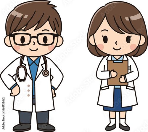 Cute cartoon illustration of male and female doctors in white coats, medical professionals, healthcare workers, hospital staff, isolated background