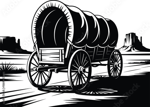 Old West Covered Wagon Desert Pioneer Illustration.