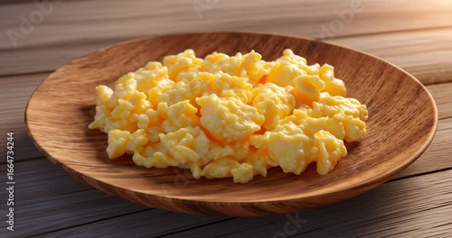 Perfectly Cooked Scrambled Eggs on a Rustic Wooden Plate