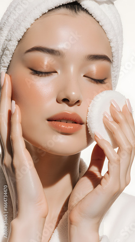 Woman cleansing face with cotton pad, glowing skin, spa moment