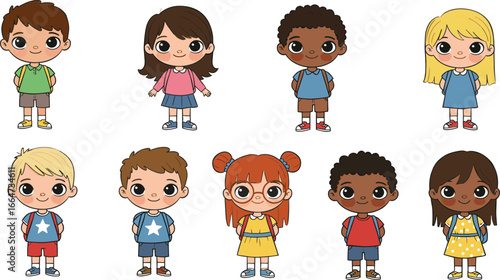 Cute cartoon school kids with backpacks, diverse group of children, back to school illustration, elementary students, vector art