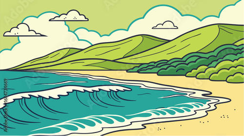 Seaside Landscape Vector Illustration – Colorful Beach, Ocean Waves, and Hills Artwork