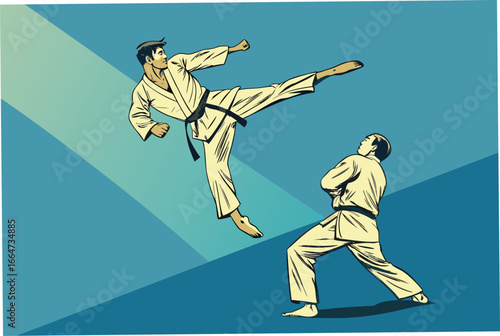 Martial artist soaring with an airborne kick, guided by instruction.