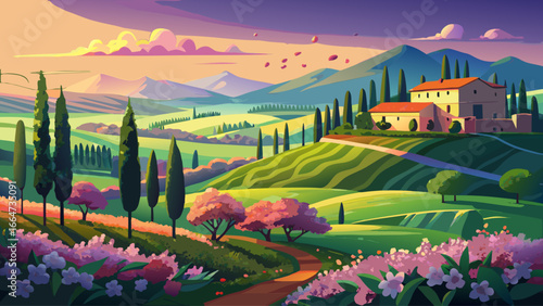 Scenic views glow across rural Tuscany at sunset, verdant lawns bathed in light, flowering trees bloom, spring planting whispers growth, timeless horizon radiates beauty, landscape harmony inspires pe