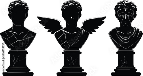 Three black sculptural busts with classical and angelic features