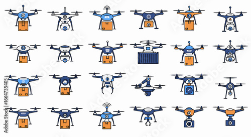 Set of various delivery drones with packages, showcasing different designs and models for logistic services