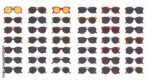 Collection of various sunglasses Diverse styles and colors on a white background