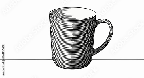 Detailed graphite drawing of a classic ceramic mug with a handle against a white background