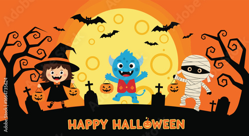 Cute Halloween kids in costume, witch, monster, mummy with pumpkins, bats, graveyard and full moon background for festive celebration