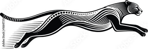 Elegant black panther in dynamic running pose engraved style illustration