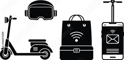 Set of futuristic electric transportation and smart technology icons