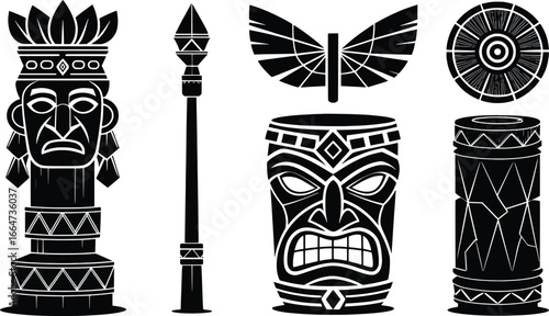 Tribal tiki masks and artifacts collection