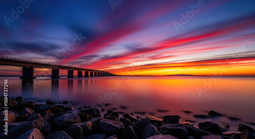 Modern bridge stretching across a tranquil bay at sunset. vibrant sky reflections and rocky foreground evoke serenity and connection.