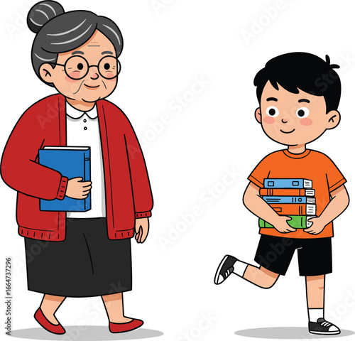 Grandmother and grandson carrying books, family learning, education, elderly woman, child reading, knowledge sharing, intergenerational bond, library, school, study time