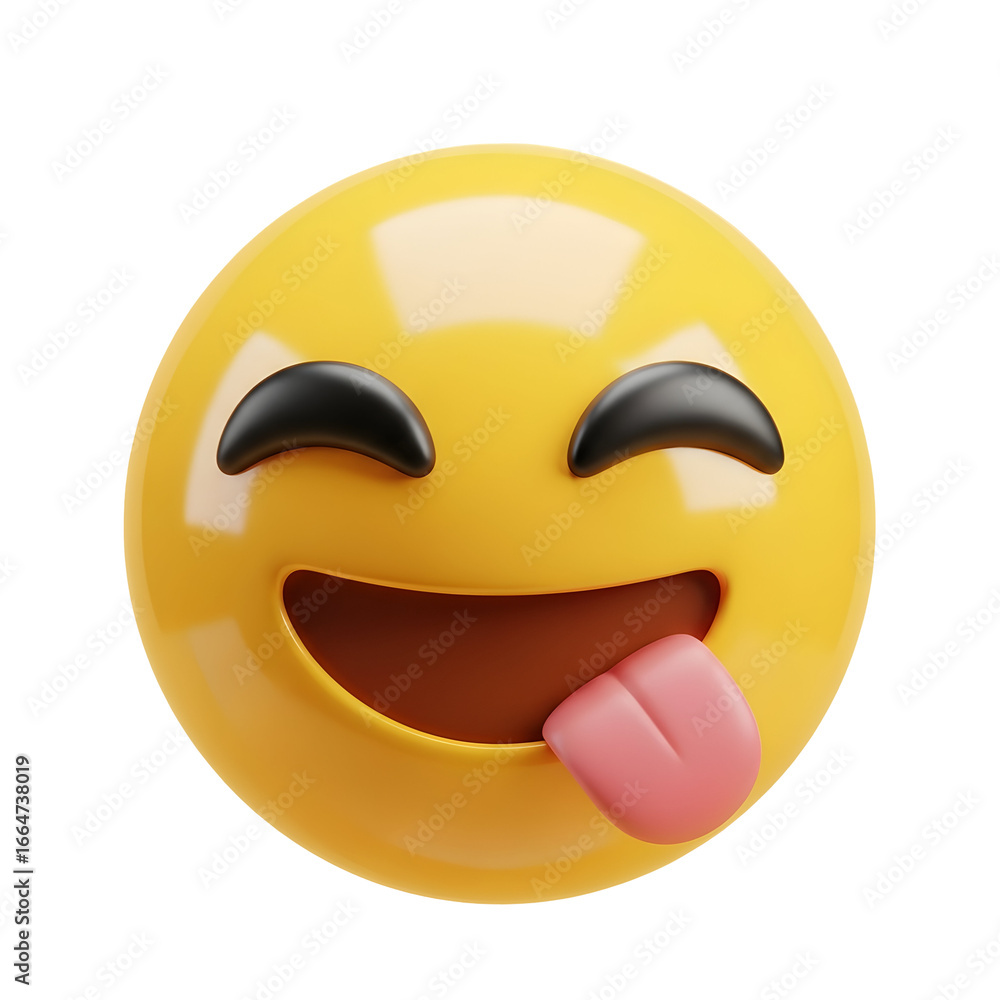 Fototapeta premium Playful yellow emoji sticking out its tongue with closed eyes and a wide smile, conveying joy and silliness, perfect for lighthearted communication.
