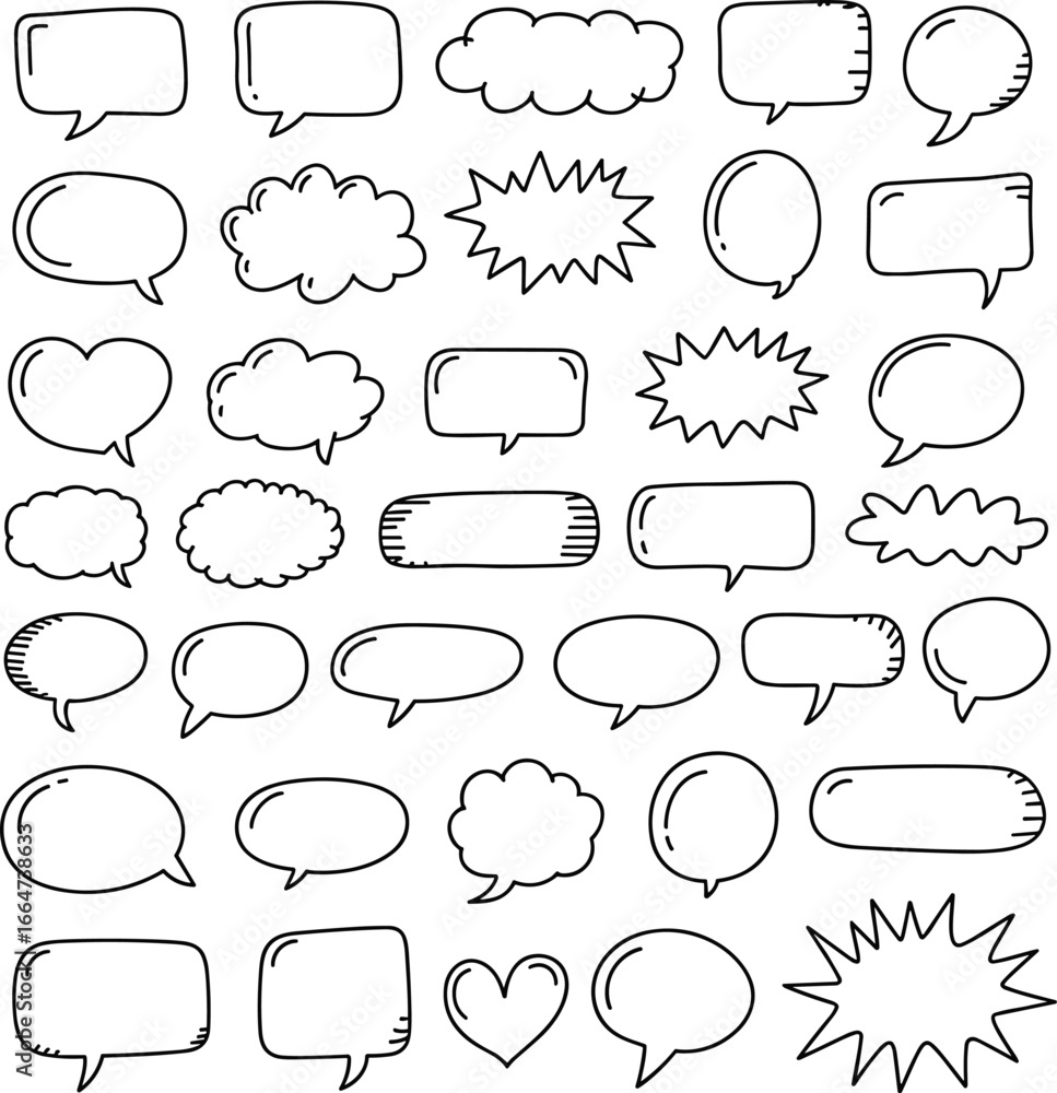 Fototapeta premium Hand drawn speech bubbles, doodle chat balloon, comic thought cloud, sketch vector set, cartoon communication elements, empty dialog box design