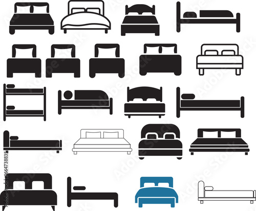 outline silhouette bed icon set isolated on white background. Side view bed icon