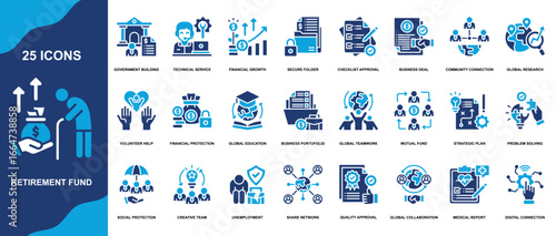 "Retirement Fund" icon collection set. Government Building,Technical Service,Financial Growth,Secure Folder icon. Glyph Color vector icons collection.