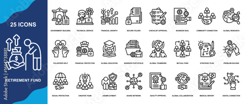 "Retirement Fund" icon collection set. Government Building,Technical Service,Financial Growth,Secure Folder icon. line vector icons collection.