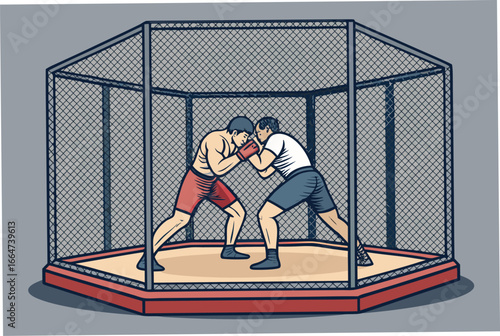Two MMA fighters spar in a ring.