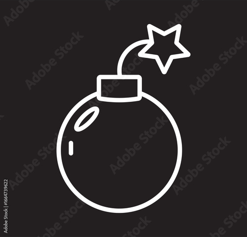 Vector illustration of a cartoon bomb with a lit fuse and star-shaped spark in black outline on a white
