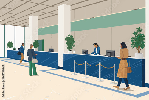 Modern bank lobby with marble floor, customers waiting.