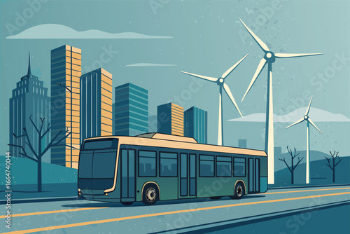 Modern city street with electric bus under wind turbine.
