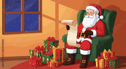 Santa Claus sitting on a chair reading gift list, surrounded by Christmas presents, festive scene, cozy night, holiday celebration.