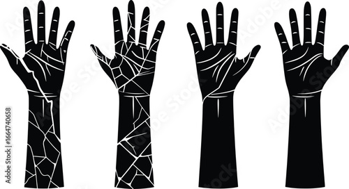Four black silhouette arms with intricate white line patterns