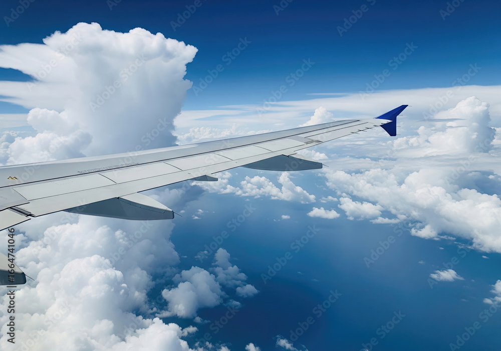 Obraz premium View from airplane window showing wing over scattered clouds and towering cumulus. capturing altitude, travel, and sky serenity.