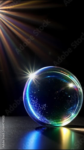 Beautiful crystal sphere reflecting vibrant rainbow colors and light effects against black background