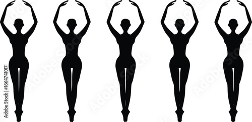 Five elegant ballet dancers silhouettes in graceful poses