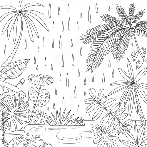 A black and white rain forest illustration line art of a coloring page