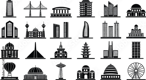 Collection of famous international landmark buildings and structures in silhouette