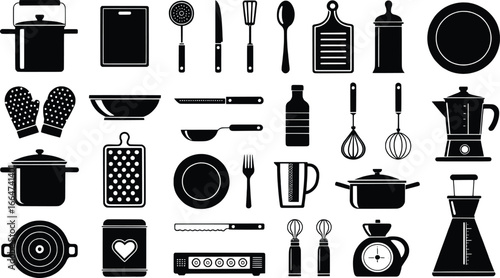 Collection of kitchen utensils and cookware silhouettes