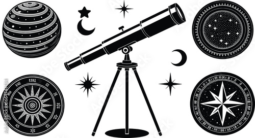 Vintage astronomical instruments and celestial symbols illustration