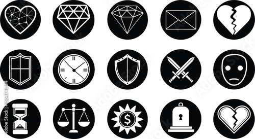 Iconic Symbolism: A captivating arrangement of diverse black and white icons that embody various concepts and emotions. Each icon is distinct and evokes thought and feelings. 