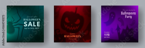 Set of Halloween square posters with spooky silhouettes. Scary backgrounds with shadows of pumpkins, spiders, haunted house, ghosts. Holiday decoration, greeting cards templates, illustrations, covers