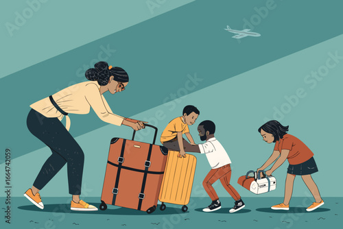 Mother ties luggage strap, father lifts head.