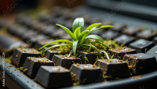 Plant growing on a computer keyboard with dirt and green leaves  