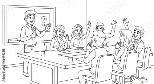 Line art illustration of a business meeting with a presenter and attendees raising their hands.