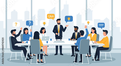 Business meeting in progress, with a presenter and colleagues actively participating in a discussion.